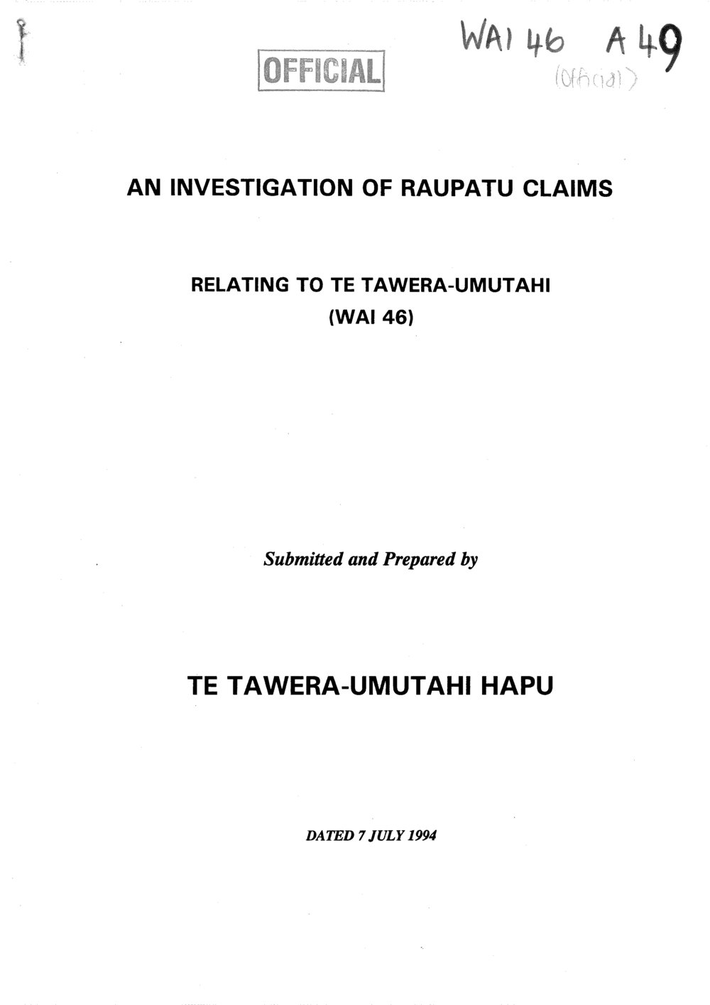 Wai 46_INQ_A049_An Investigation of Raupatu Claims RE To Te Tawera-Umutahi