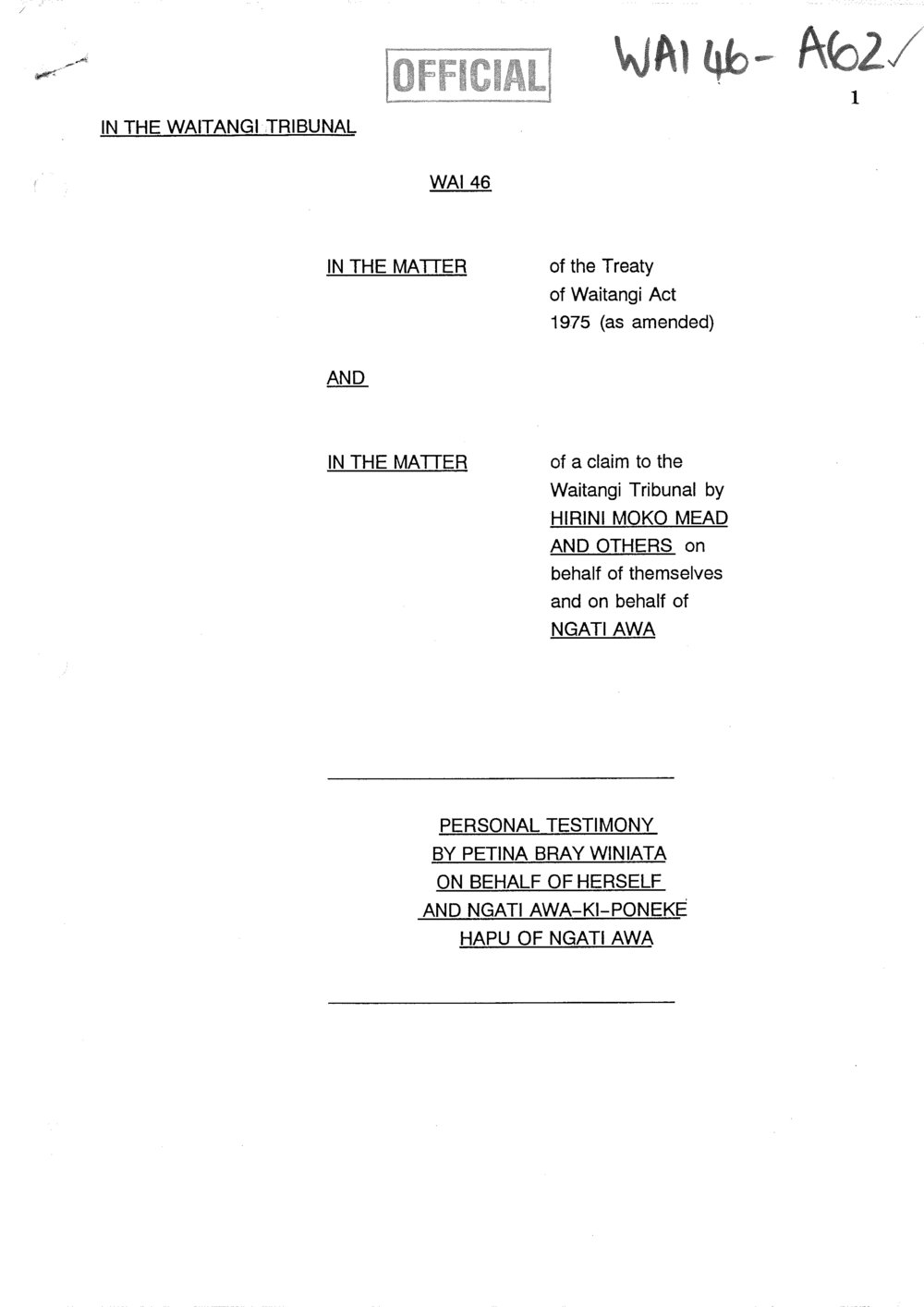 Wai 46_INQ_A062_Personal Testimony by Petina Winiata on behalf of Ngati Awa-Ki-Poneke
