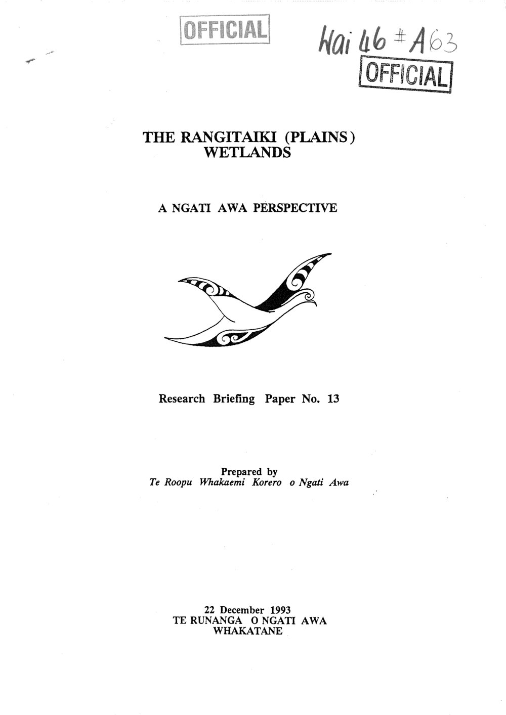 Wai 46_INQ_A063_Research Briefing N. 13 RE The Rangitaiki (Plains) Wetlands