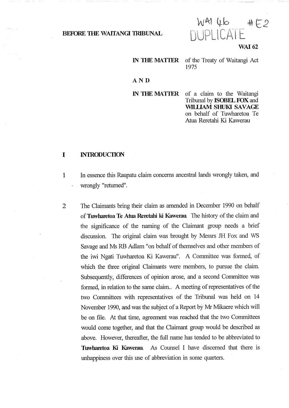 Wai 46_INQ_E002_Introduction RE Claim to the Waitangi  Tribunal I Fox and W S Savage on behalf of Tuwharetoa Te Atua Reretahi ki Kawerau