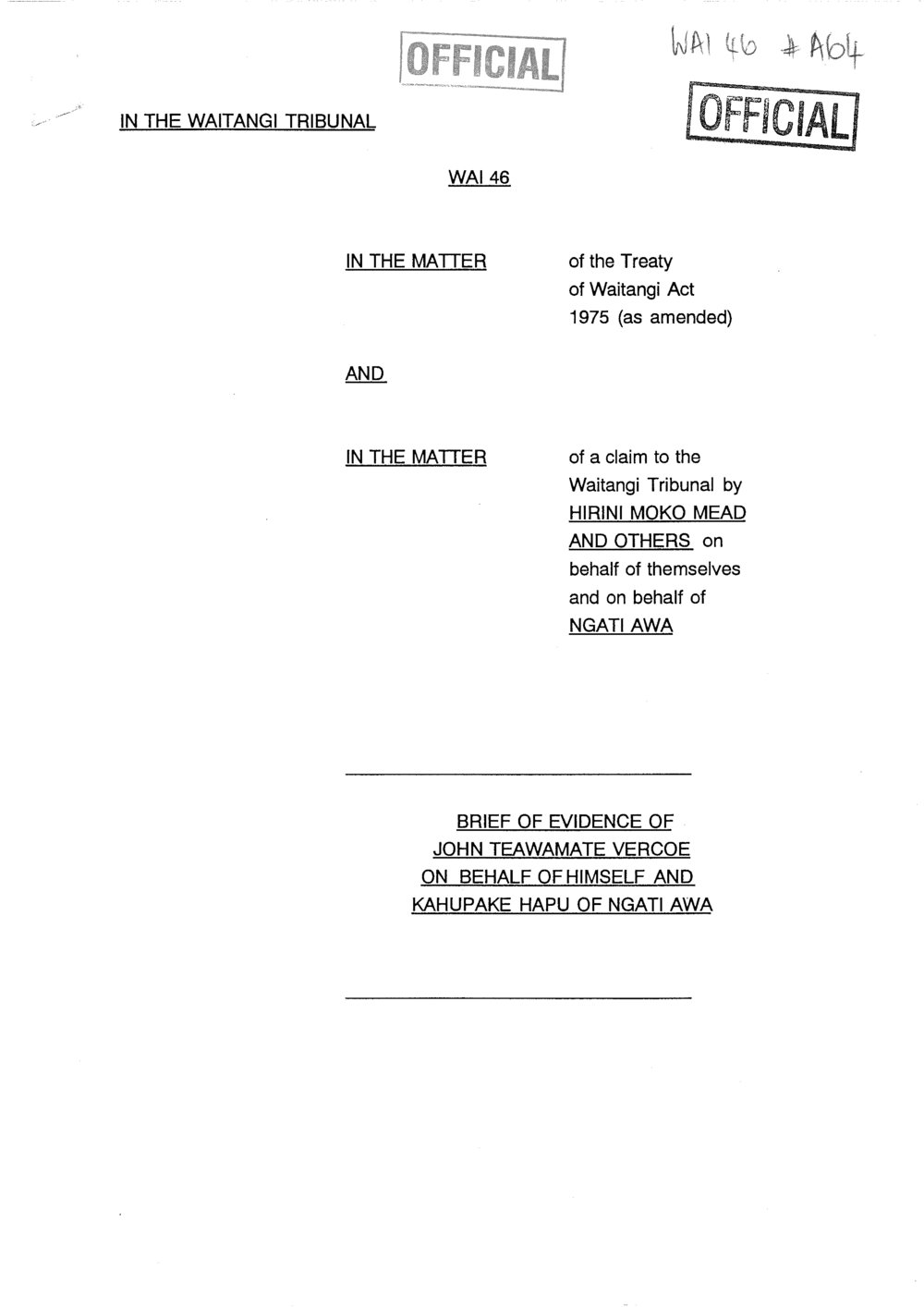 Wai 46_INQ_A064_Brief of Evidence of John Teawamata Vercoe on behalf of Kahupake