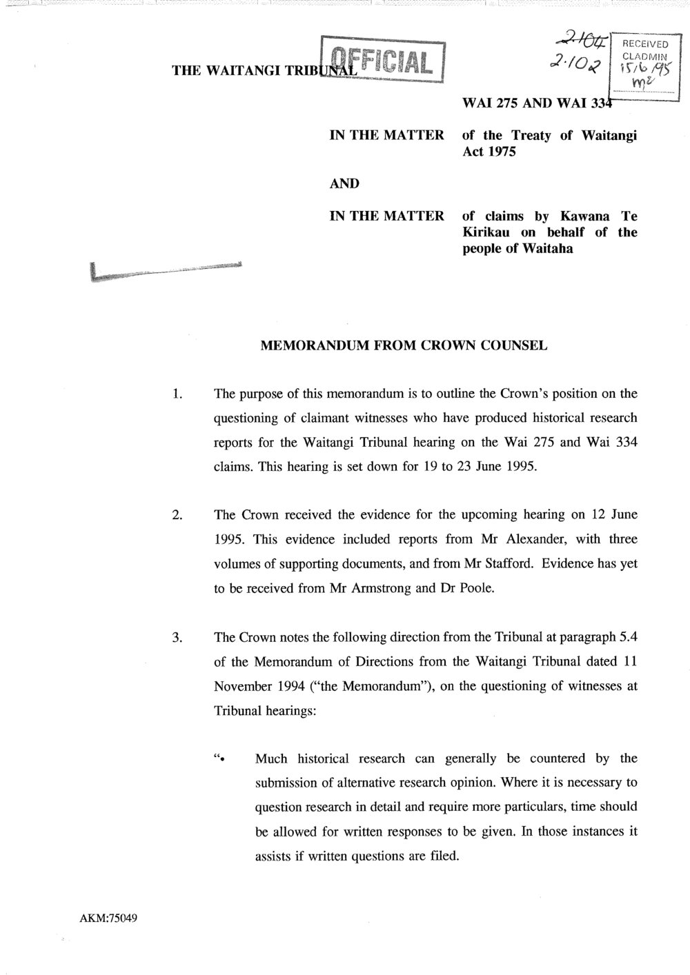 Wai 4_INQ_2.102_Memo from Crown Counsel RE Kawana Te Kirikau on behalf of the people of Waitaha