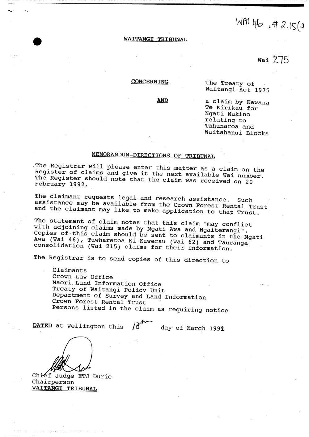 Wai 46_INQ_ 2.15 (a)_Memo Directions of Tribunal RE Te Kirikau for Ngati Makino RE Tahunaroa and Waitahanui Blocks 18 March 1992