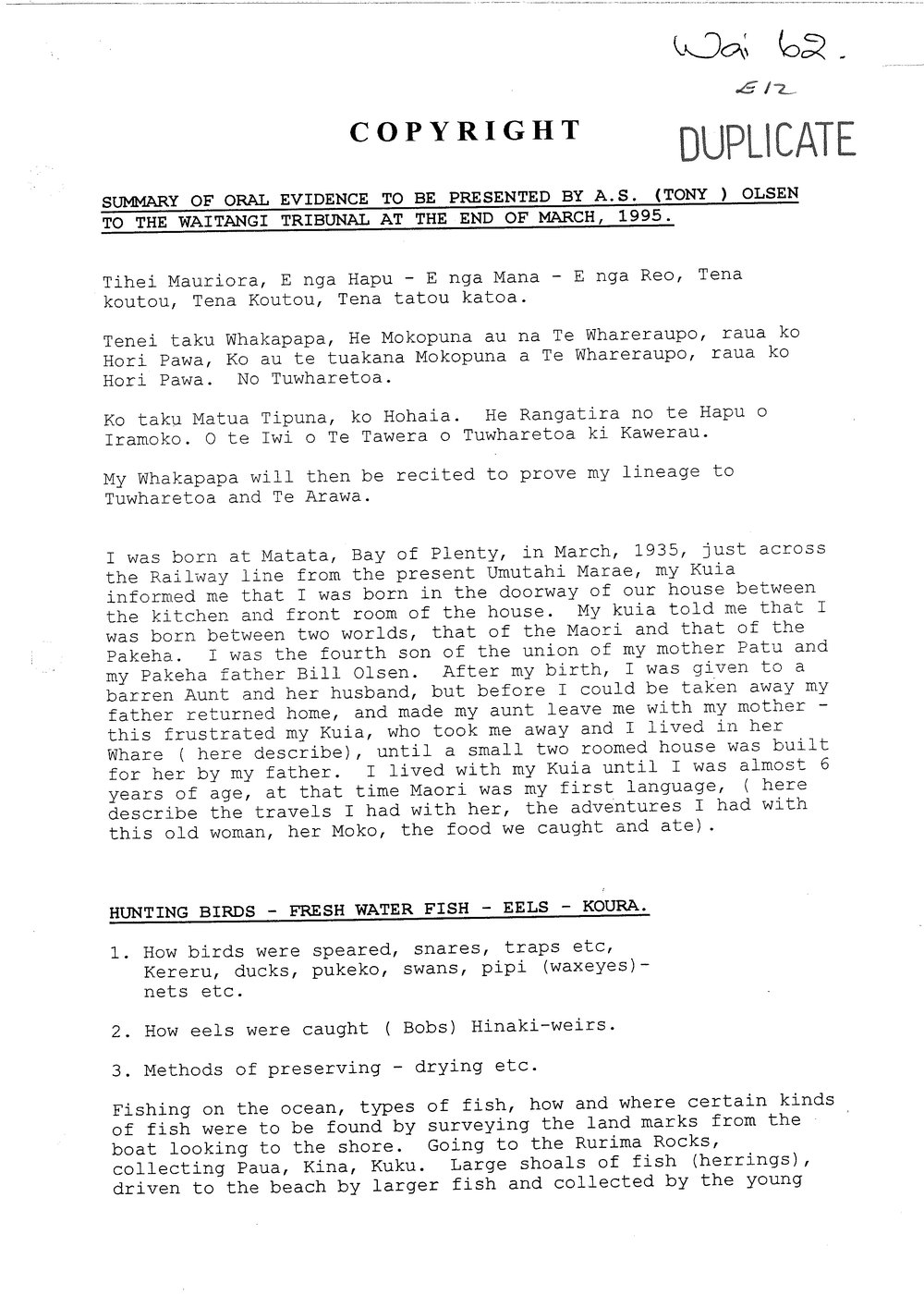 Wai 46_INQ_E012_Summaru of Oral Evidence to be presented by A.A Olsen to the Waitngi Tribunal at The End of March 1995