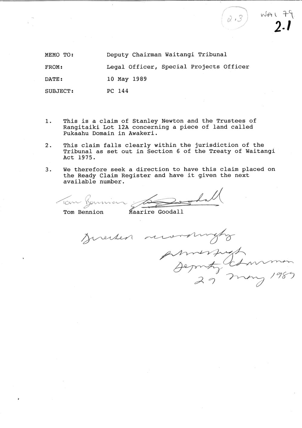 Wai 46_INQ_2.3_Memo RE Puukahu Domai, Awakeri 10 May 1989