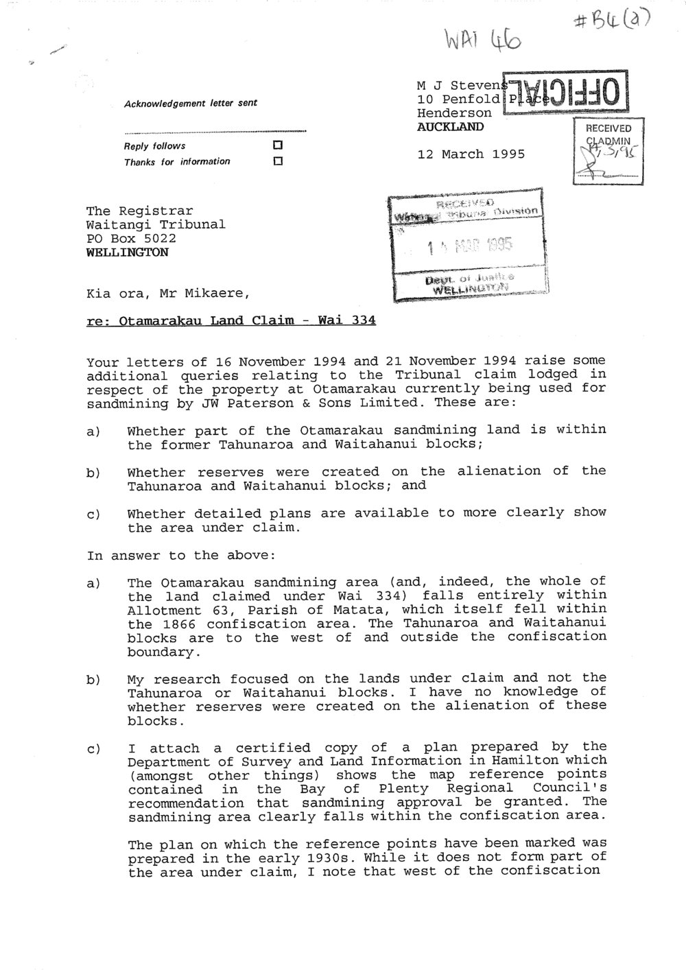Wai 46_INQ_B004 (a)_Letter RE Otamarau Land Claim 12 March 1995