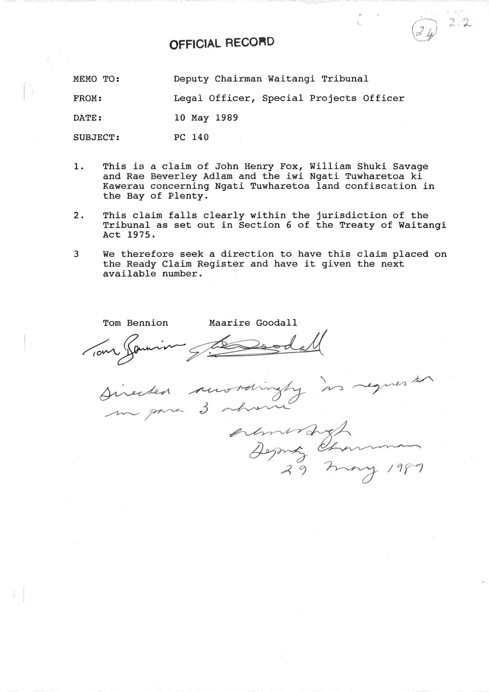 Wai 46_INQ_2.4_Memo RE Ngati Tuwharetoa Land Confiscation 10 May 1989
