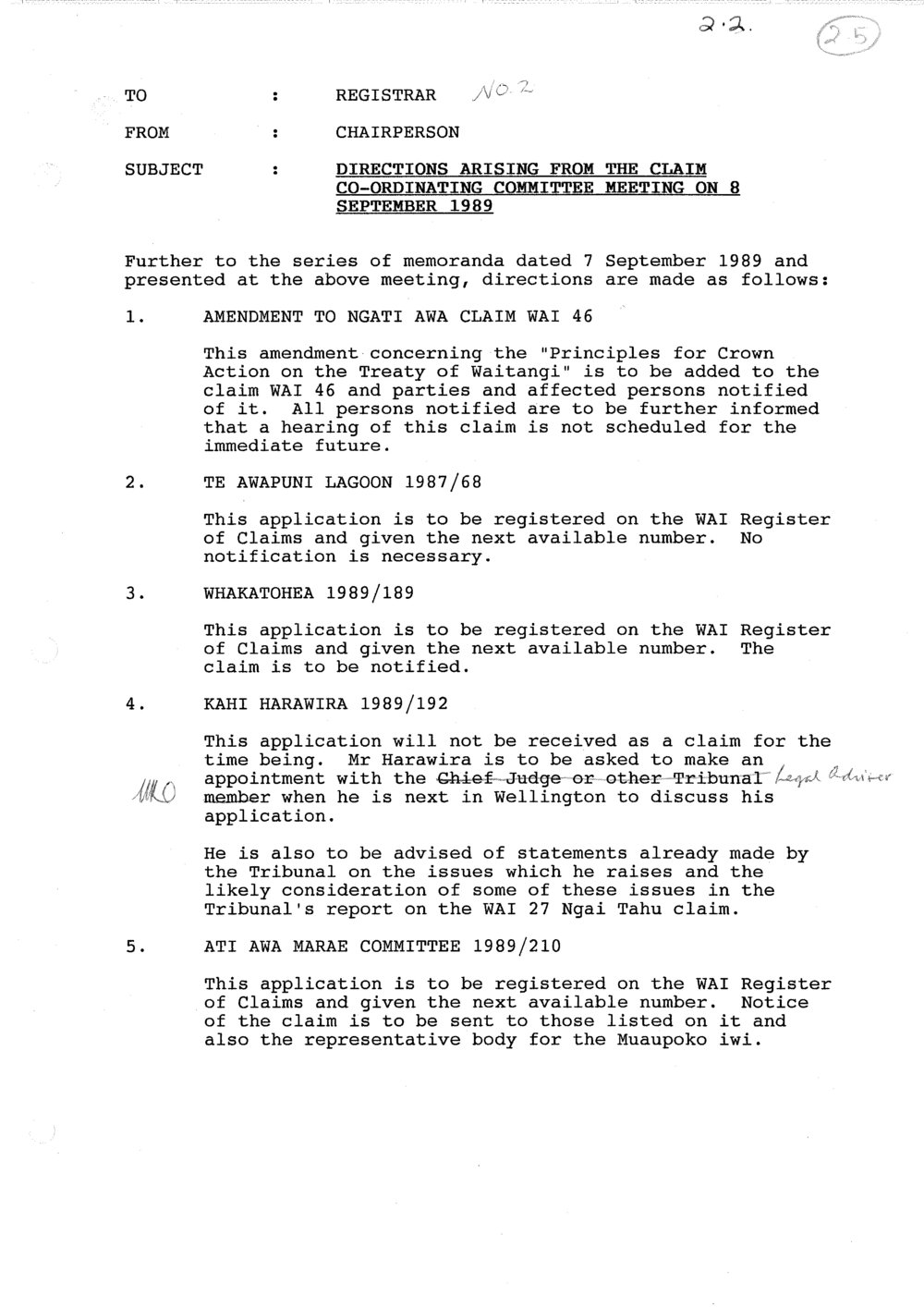 Wai 46_INQ_2.5_Directions Arising From The Claims Co-Ordinating Committee Meeting on 8 Sep 1989