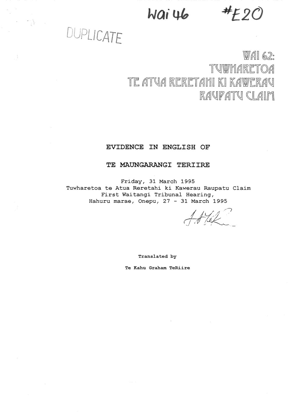 Wai 46_INQ_E020_Tuwharetoa Te Atua Reretahi Raupatu Claim - Evidence in English