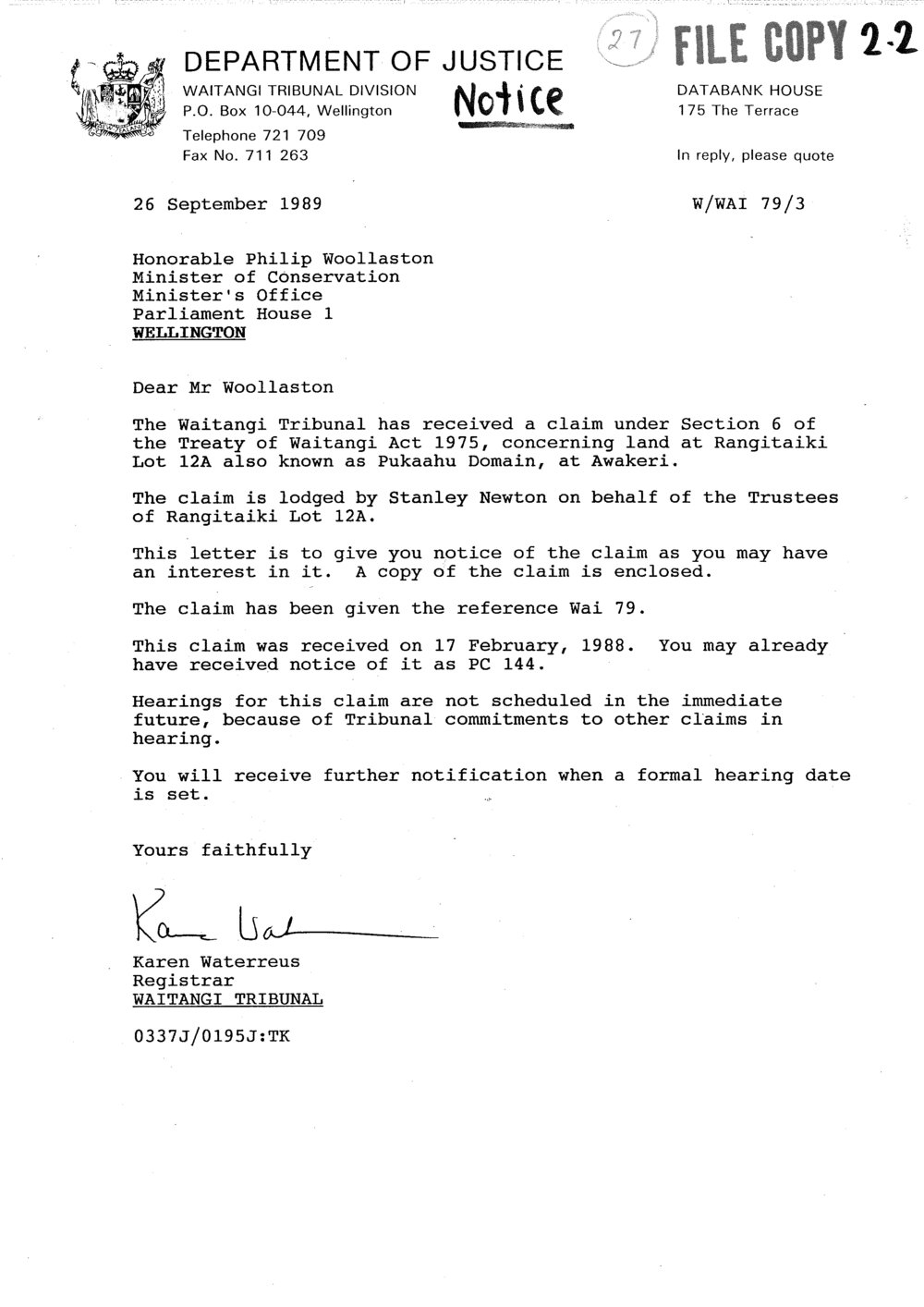 Wai 46_INQ_2.7_Letter Pukaahu Claim Received by Waitangi Tribunal 26 Sep 1989