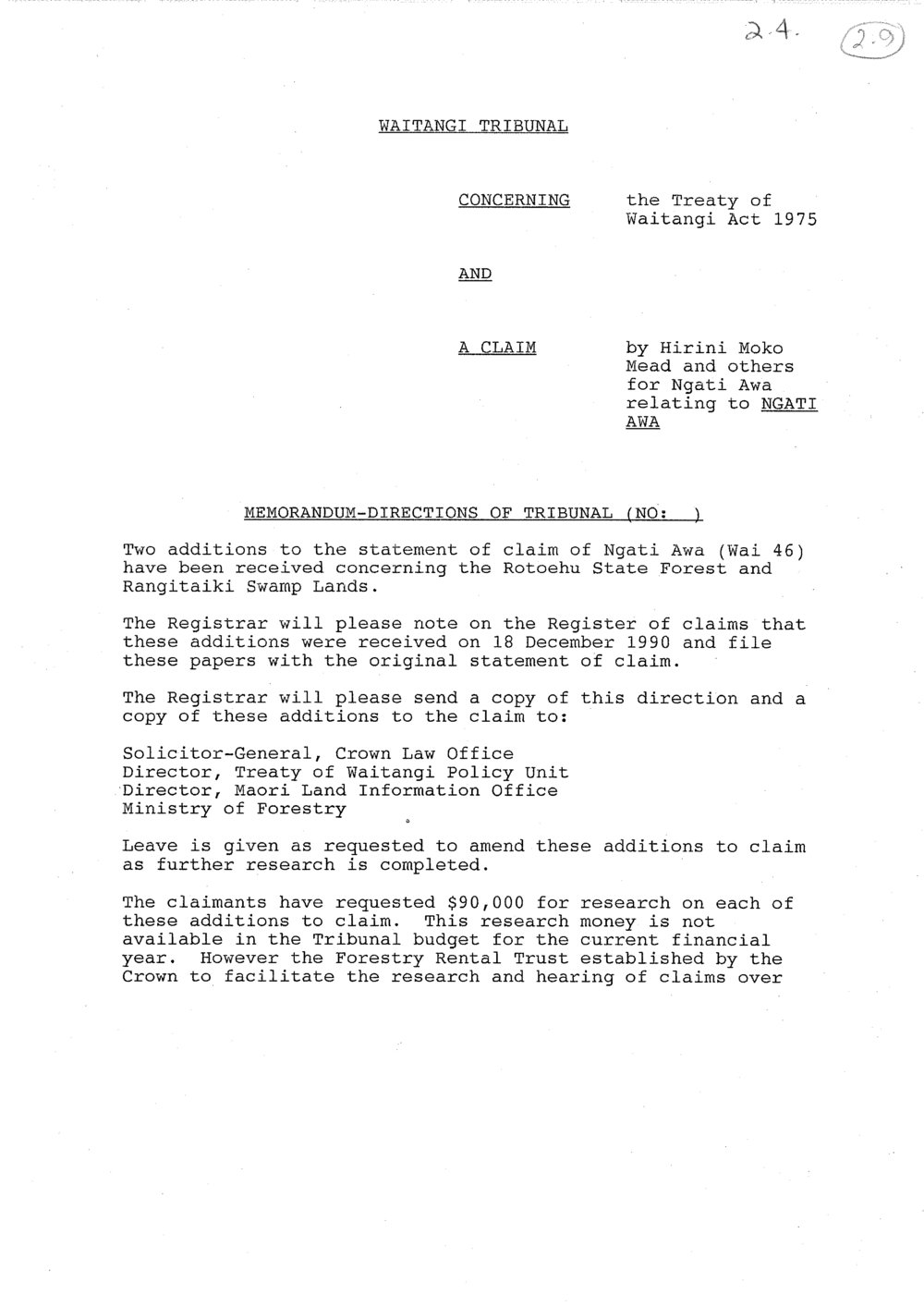 Wai 46_INQ_2.9_Memo - Directions of Tribunal RE A Claim by H.M.Mead for Ngati Awa Claims
