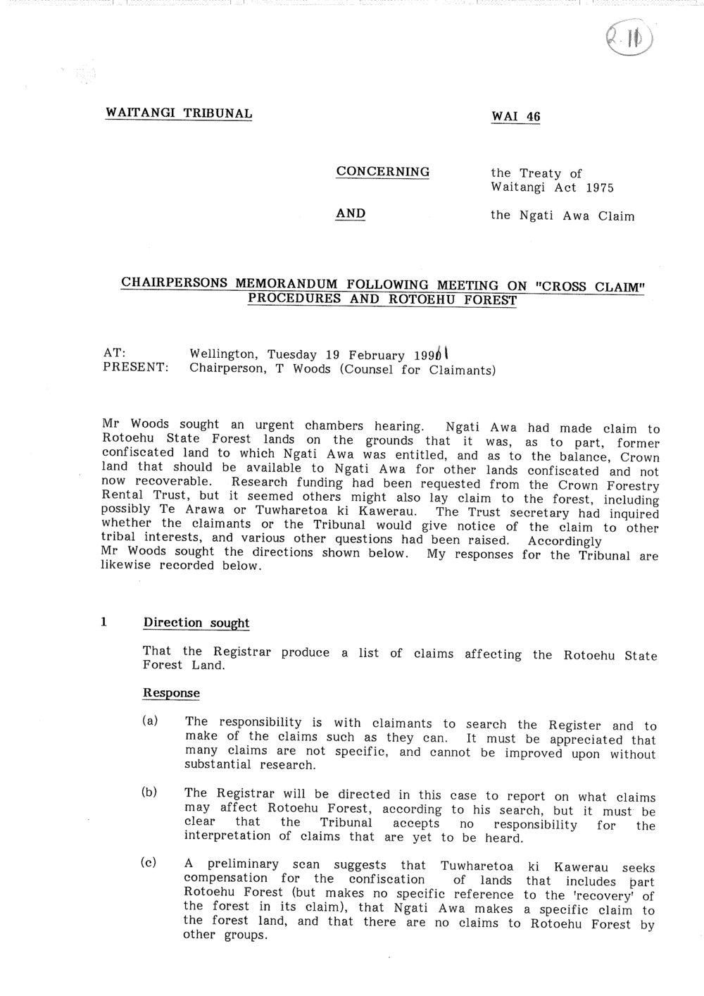 Wai 46_INQ_2.11_Chairpersons Memo Following Meeting on 'Cross Claim' Procedures and Rotoehu Forest