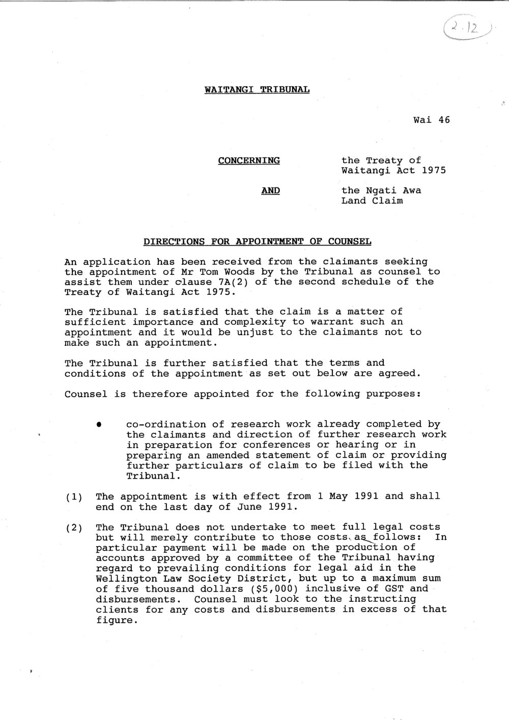 Wai 46_INQ_2.12_Directions for Appointment of Counsel 12 Aug 1991