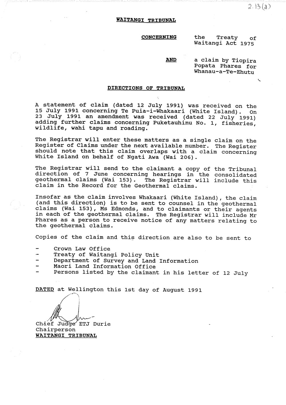 Wai 46_INQ_2.13 (a)_Directions of Tribunal RE T Popata for Whanau-a-Te-Ehutu 1 Aug 1991