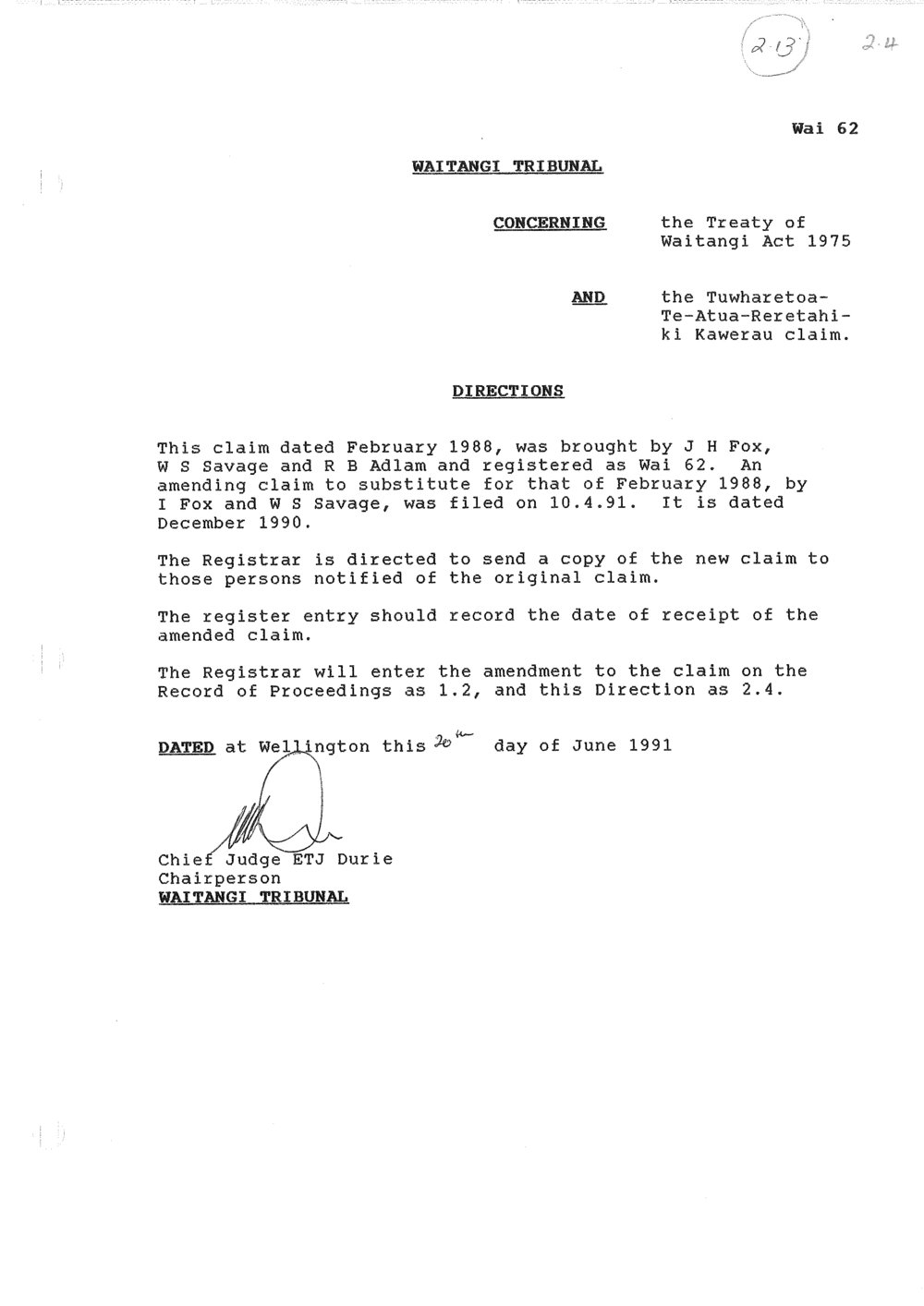 Wai 46_INQ_2.13_Memo Directions RE The Tuwharetoa-Te-Atua-Reretahi-ki Kawerau Claim 30 June 1991