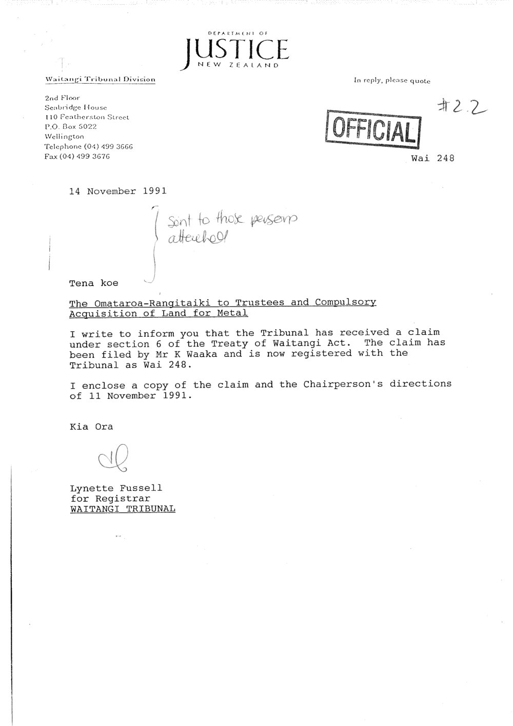 Wai 46_INQ_2.14 (a)(i)_Letter RE Omataroa-Rangitaiki to Trustees and Compolsory Acquisition of Land for Metal 14 Nov 1991