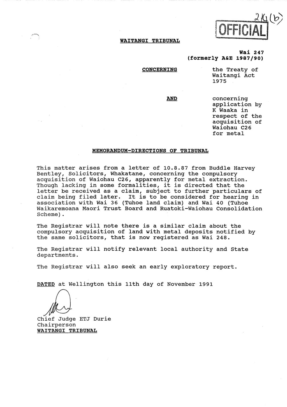 Wai 46_INQ_2.14 (b)_Memo - Directions of Tribunal RE application by K Waaka Waiohau C26 for metal