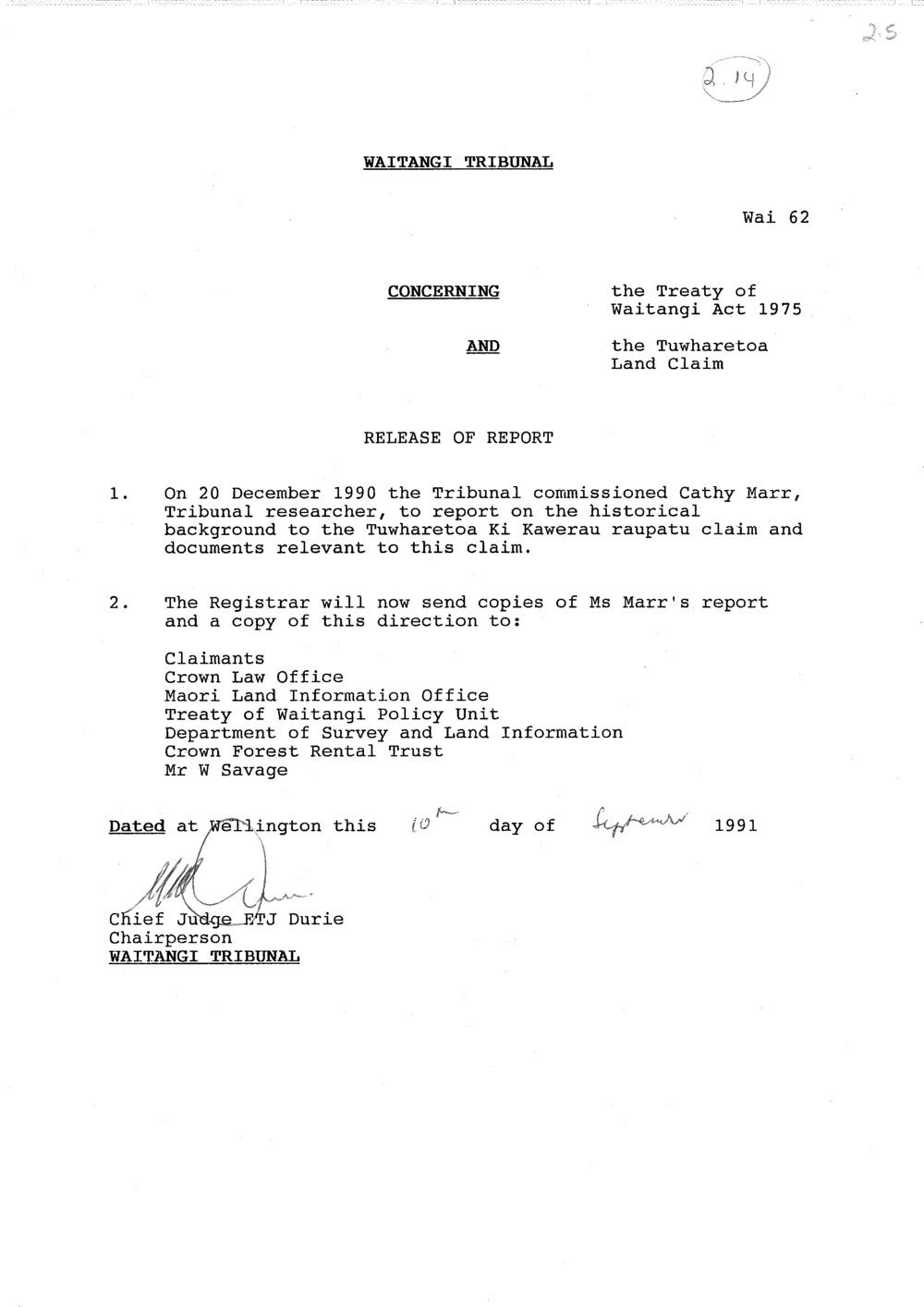 Wai 46_INQ_2.14_Memo Release of Report RE Tuwharetoa Land Claims 10 Feb 1991
