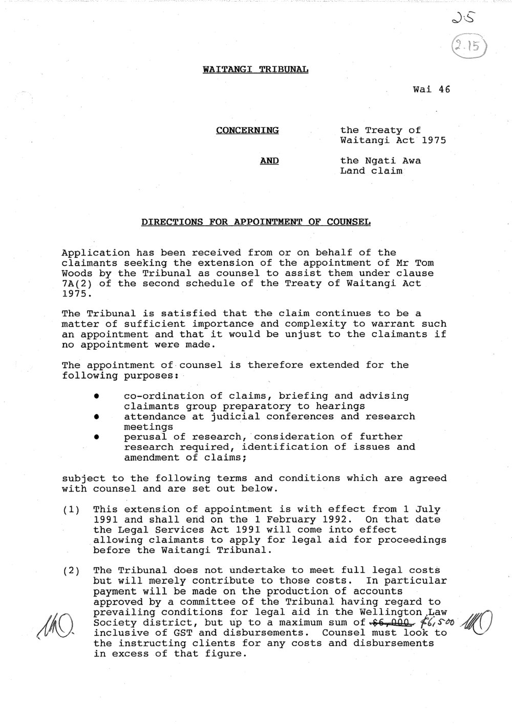Wai 46_INQ_2.15_Directions For Appointment of Counsel RE Ngati Awa Claim 18 December 1991