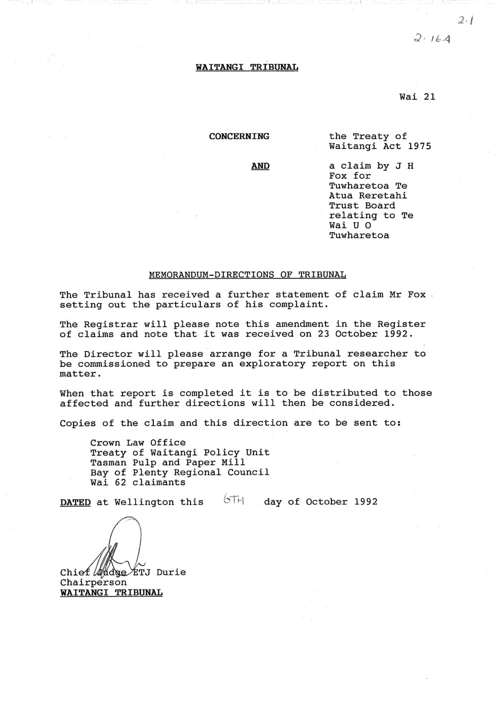Wai 46_INQ_2.16 (a)_Memo Directions of Tribunal RE Claim by J N Fox for Tuwharetoa 6 Oct 1992