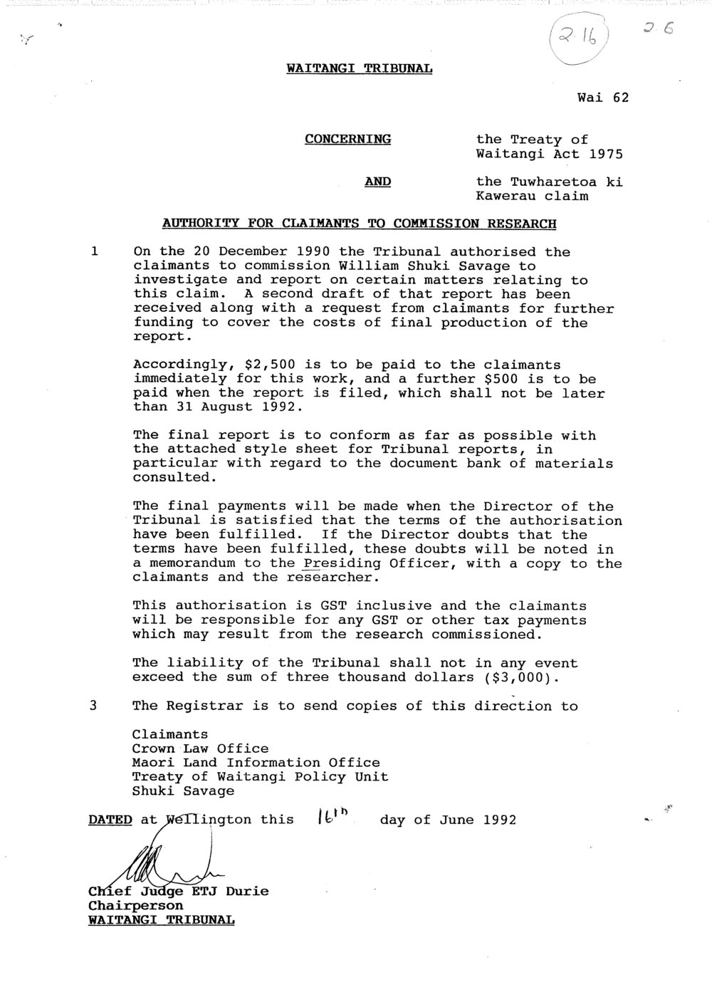 Wai 46_INQ_2.16_Authority for Claimants to Commission Research 16 June 1992