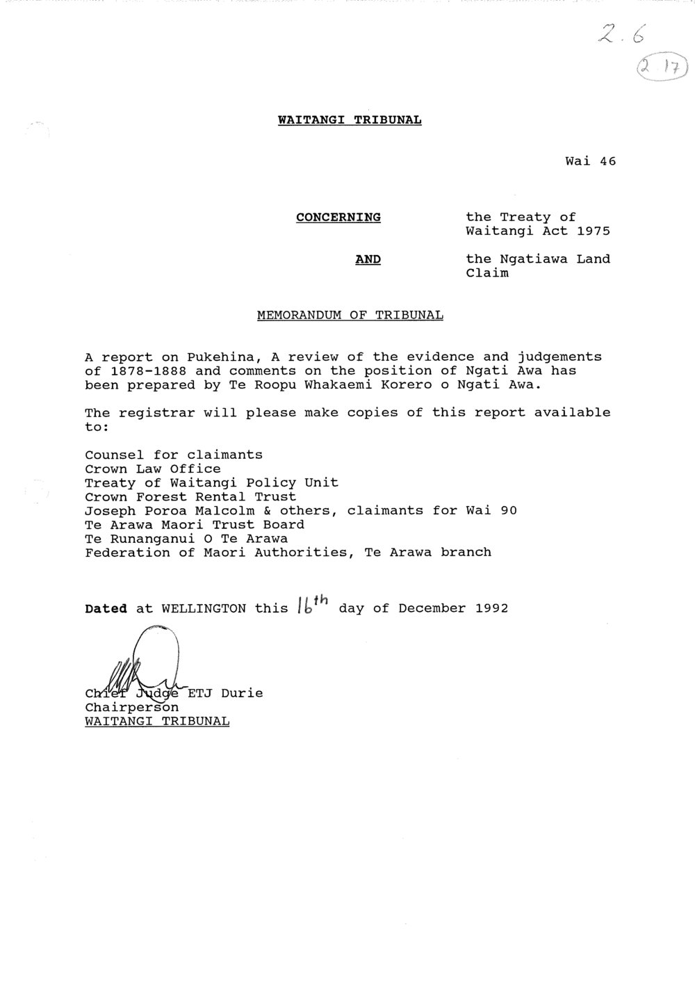 Wai 46_INQ_2.17_Memo of Tribunal RE A report on Pukehina 16 Dec 1992