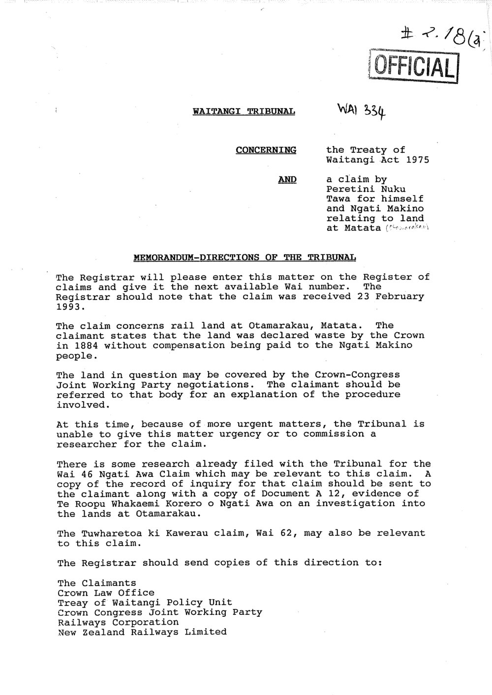 Wai 46_INQ_2.18 (a)_ Memo - Directions of The Tribunal - Rail Land Otamarakau 18 March 1993