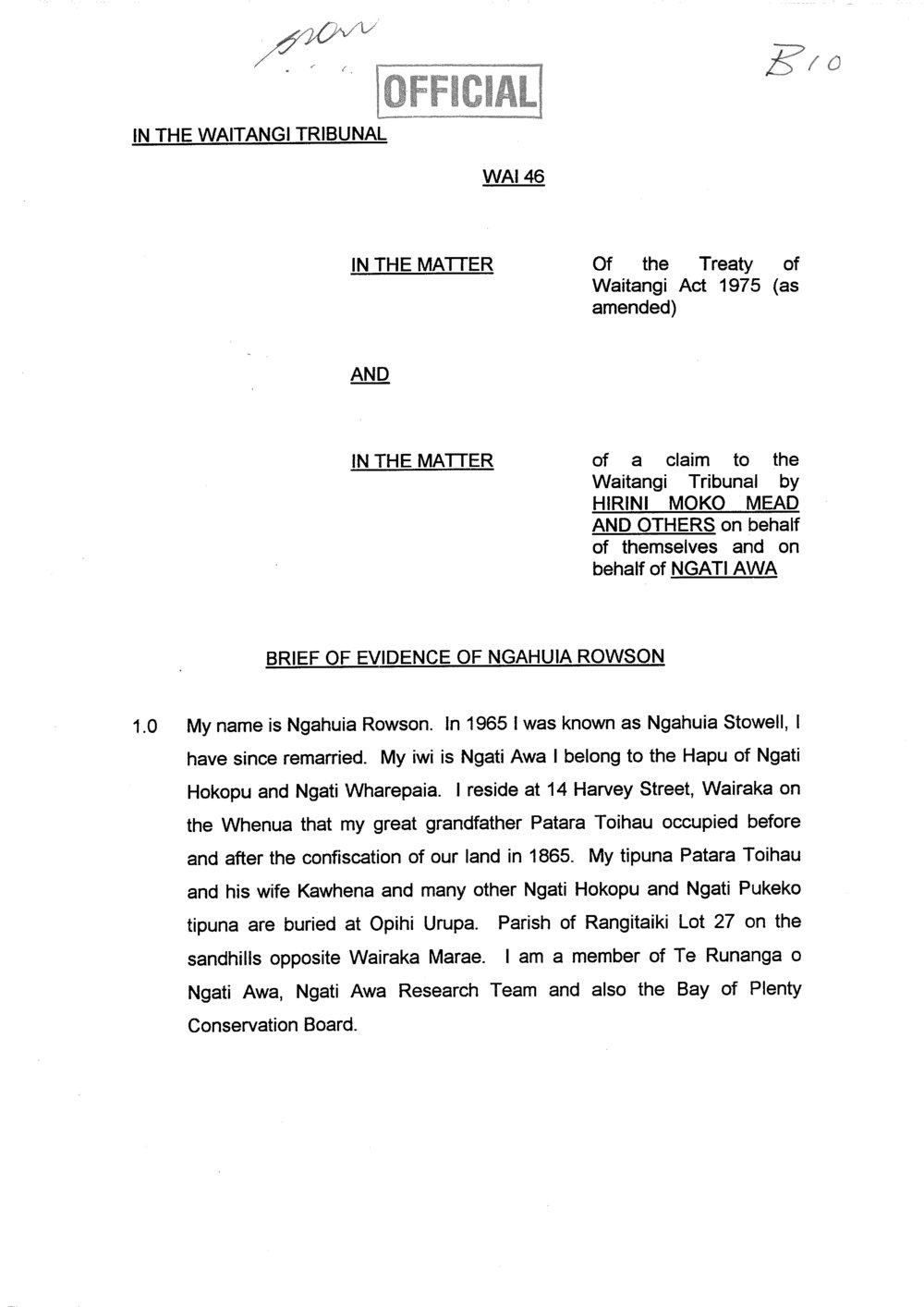 Wai 46_INQ_B010_Brief Evidence of Ngahuia Rowson