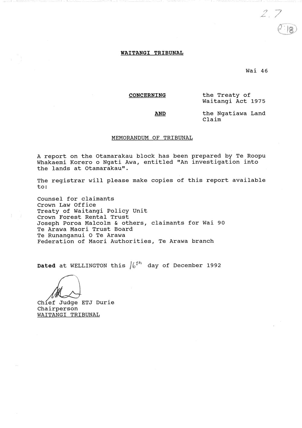 Wai 46_INQ_2.18 Memo of Tribunal - Report prepared by Te Roopu Whakaemi Korero 16 Dec 1992