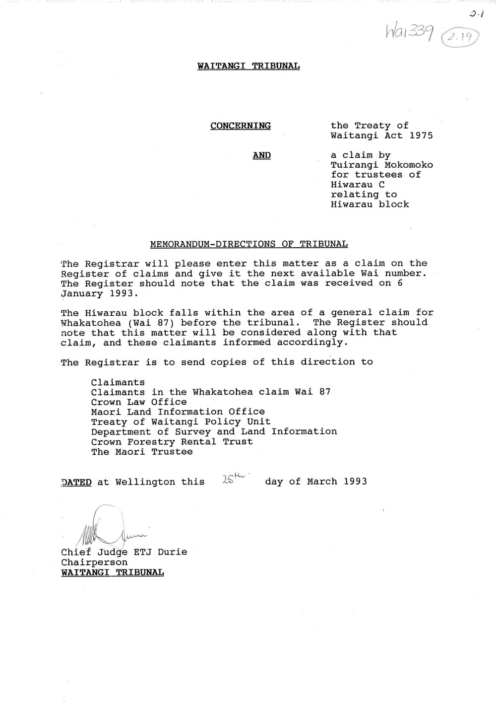 Wai 46_INQ_2.19_Memo - Directions of Tribunal Hiwarau Block 16 March 1993