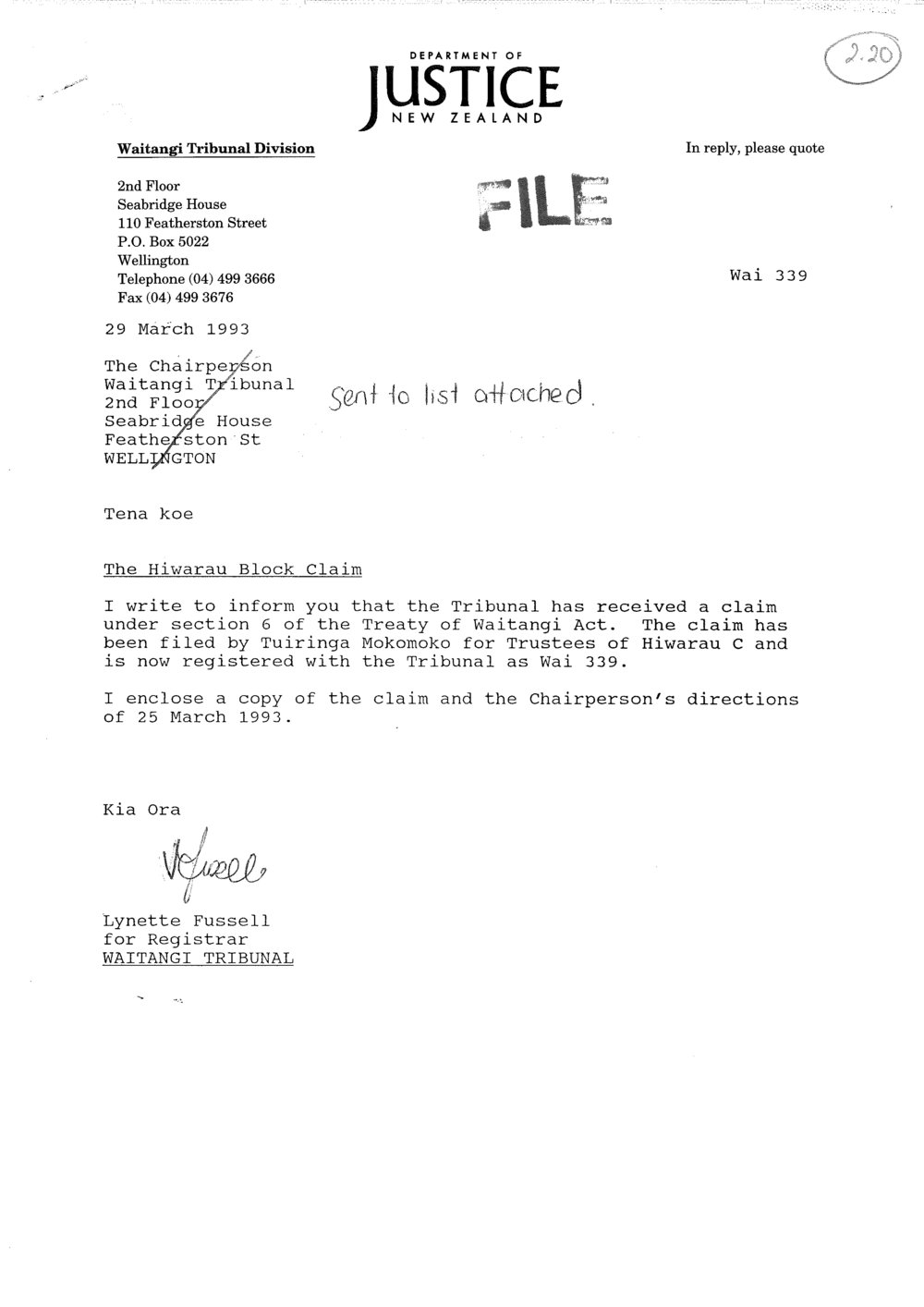 Wai 46_INQ_2.20_Letter by Lynette Russell RE Hiwarau Block 19 March 1993