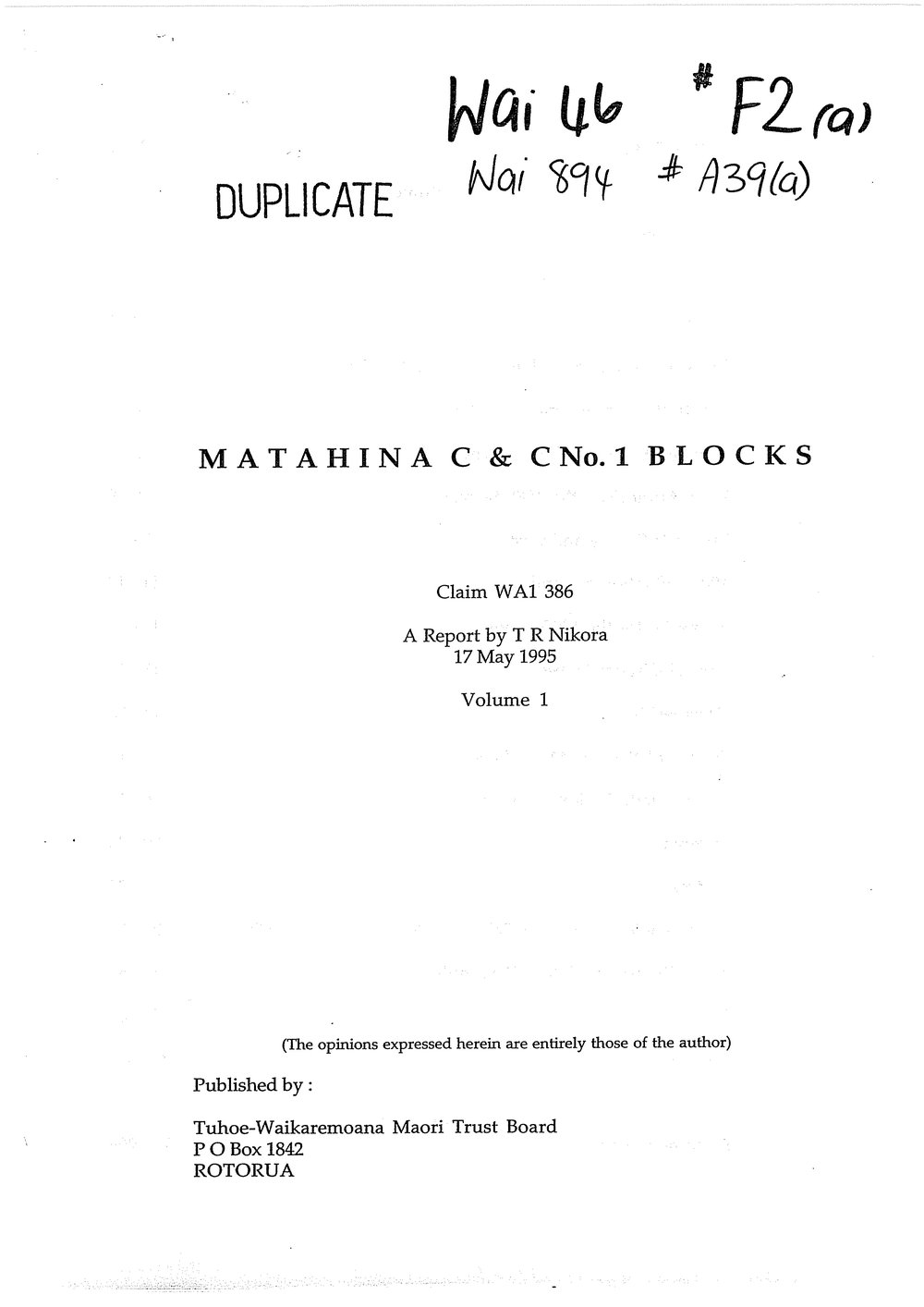 Wai 46_INQ_F002 (a)_REPORT RE Matahina C &amp; C1 Blocks by T R Nikora - 17 May 1995