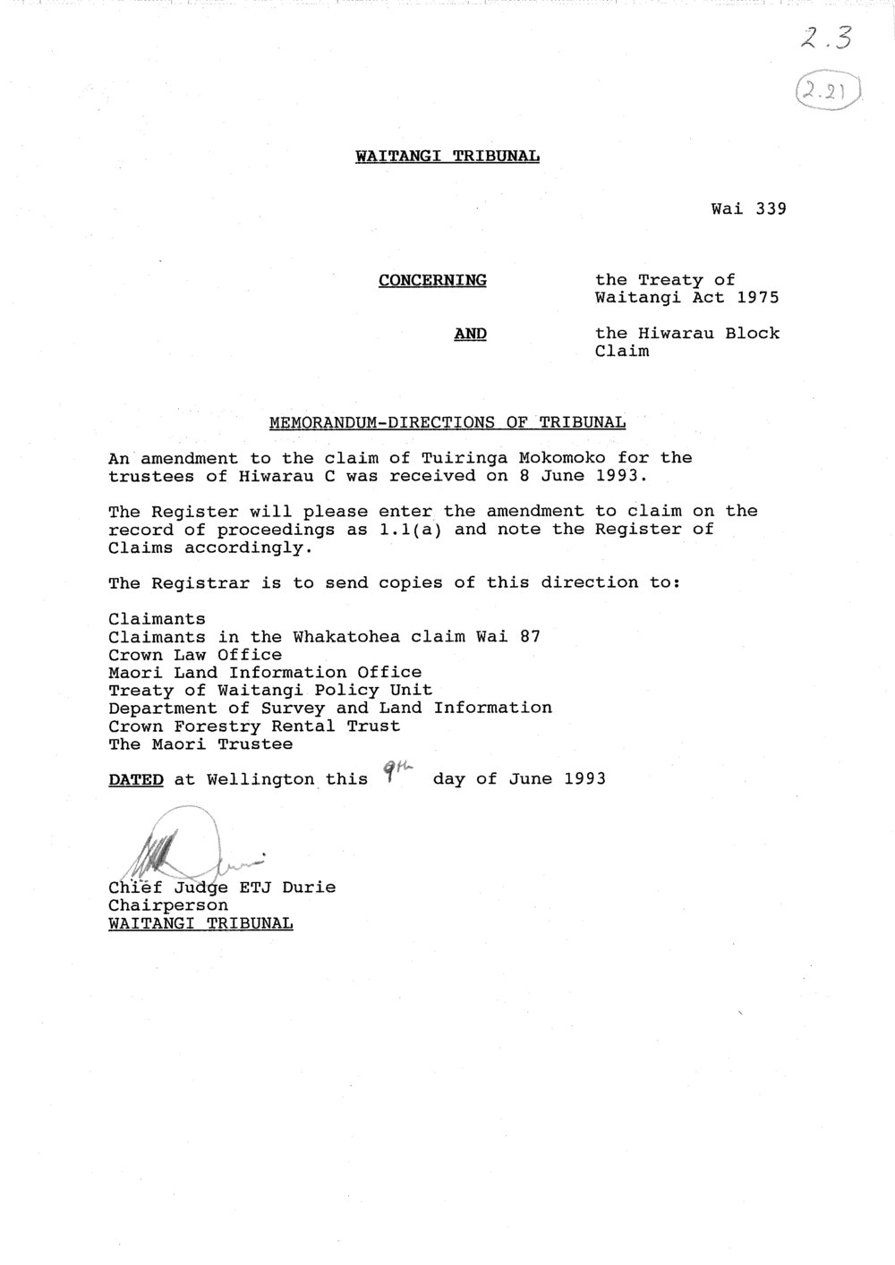 Wai 46_INQ_2.21_Memo Directions of Tribunal RE Hiwarau Block 9 June 1993