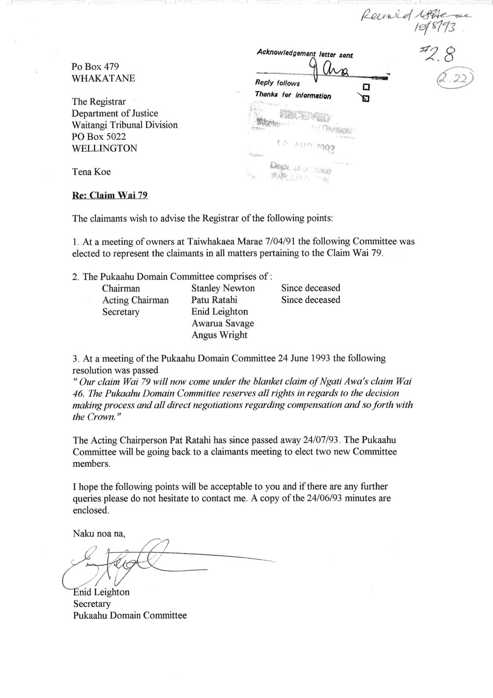 Wai 46_INQ_2.22_Letter RE Wai 79 by Pukaahu Domain Committee