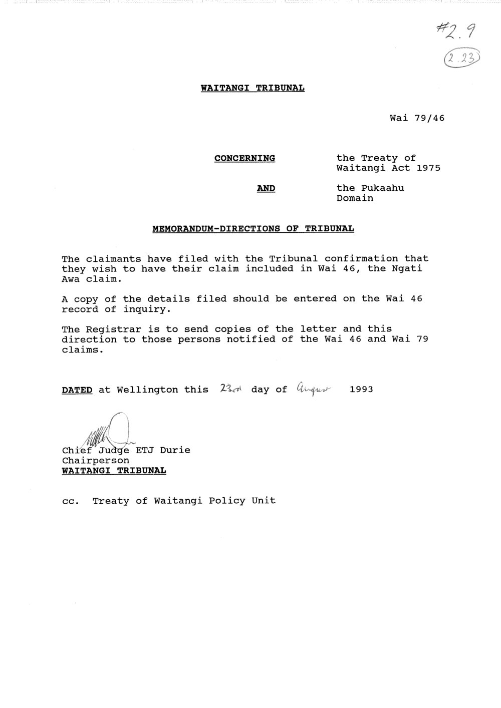 Wai 46_INQ_2.23_Memo - Directions of Tribunal RE Pukaahu Domain wish to be included in Wai 46 Claim