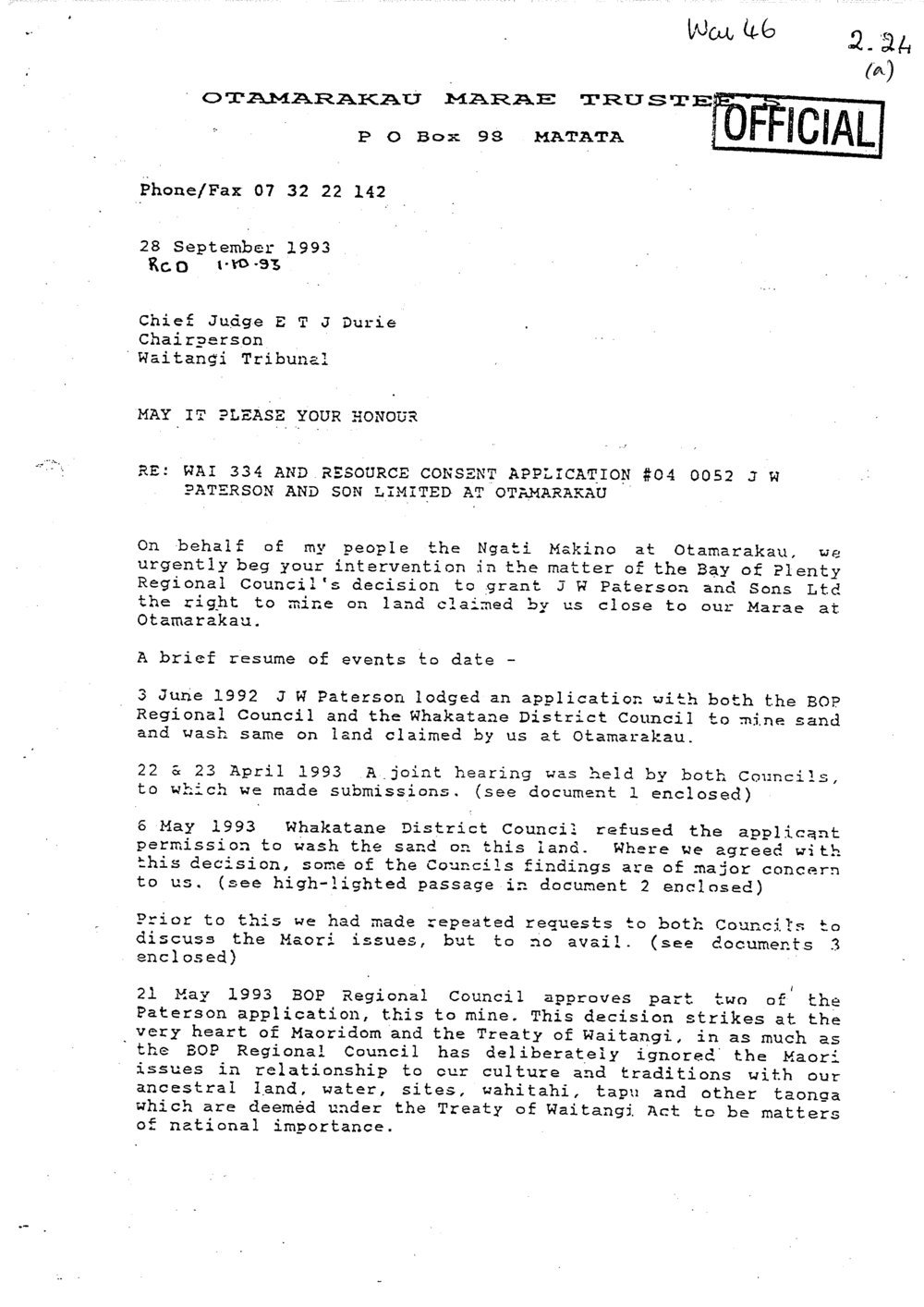Wai 46_INQ_2.24 (a)_Letter Ngati Makino seek urgent intervention RE mining on land 1 Oct 1993