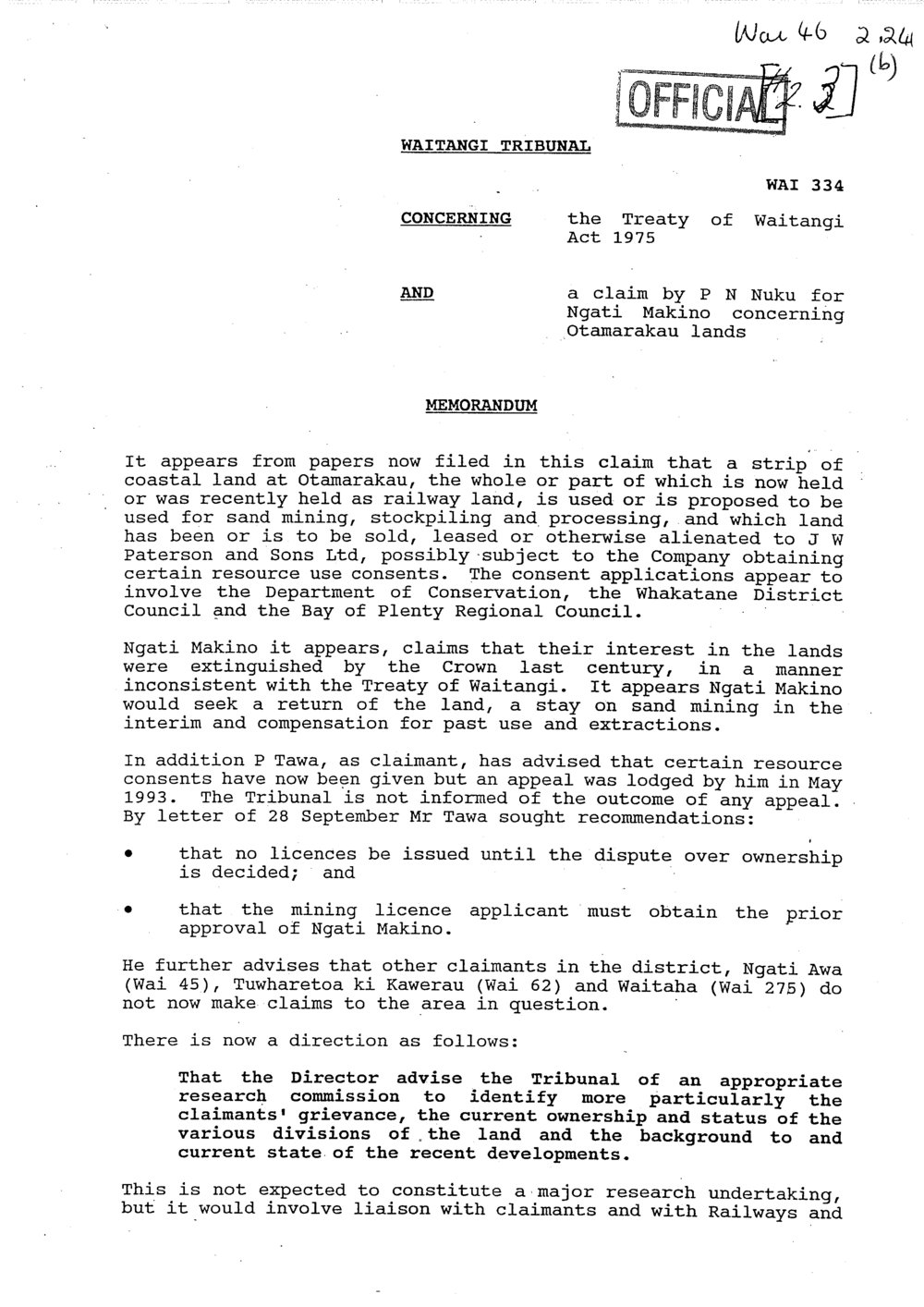 Wai 46_INQ_2.24 (b)_Memo by Ngati Makino RE Otamarakau Lands 19 November 1993