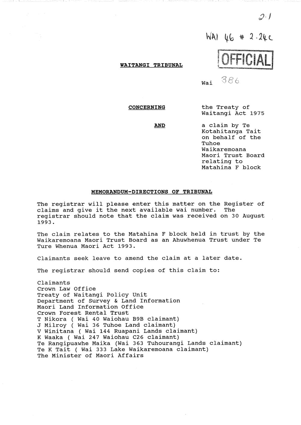 Wai 46_INQ_2.24 (c)_Memo - Directions of Tribunal RE Claim by Te Kotahitanga Tait - Matahina F Block