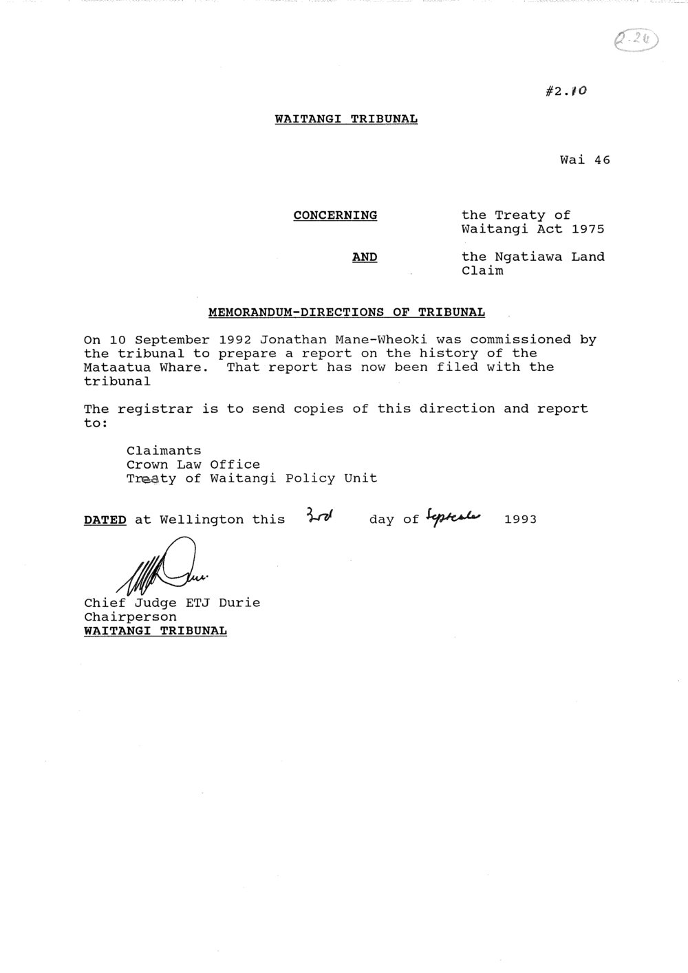 Wai 46_INQ_2.24_Memo - Directions of Tribunal RE Ngati Awa Claims Feb 1994