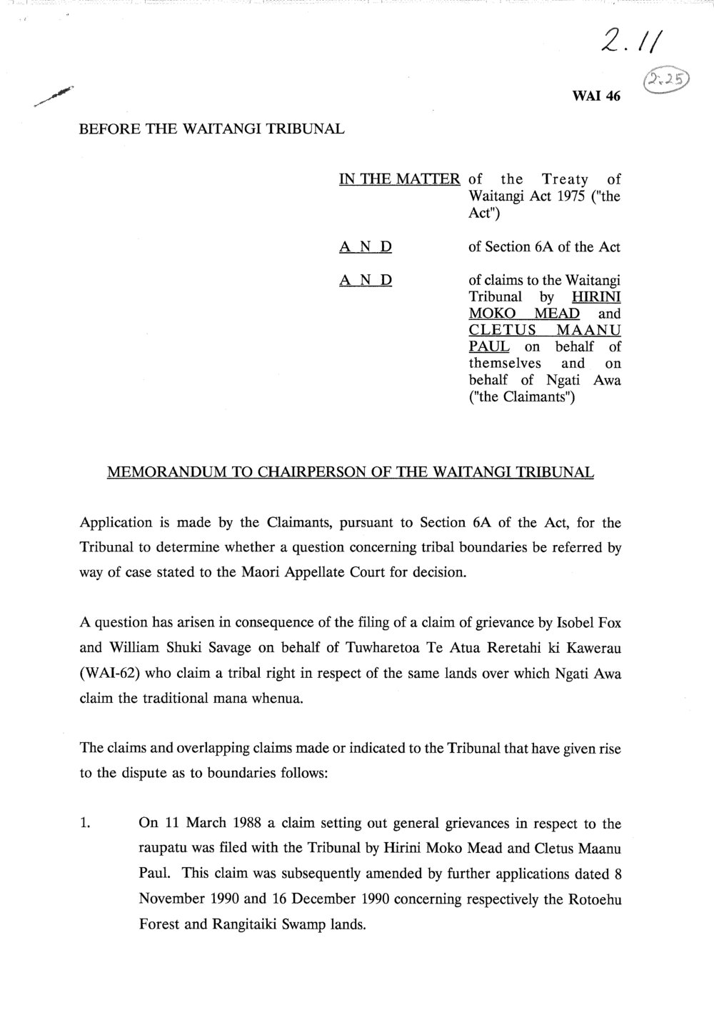 Wai 46_INQ_2.25_Memo to Chairperson of The Waitangi Tribunal