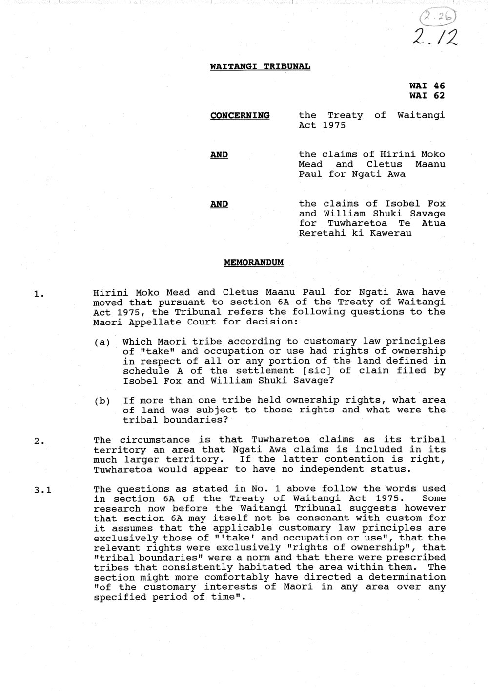 Wai 46_INQ_2.26_Memo I Fox and W S Savage for Tuwharetoa RE Boundaries