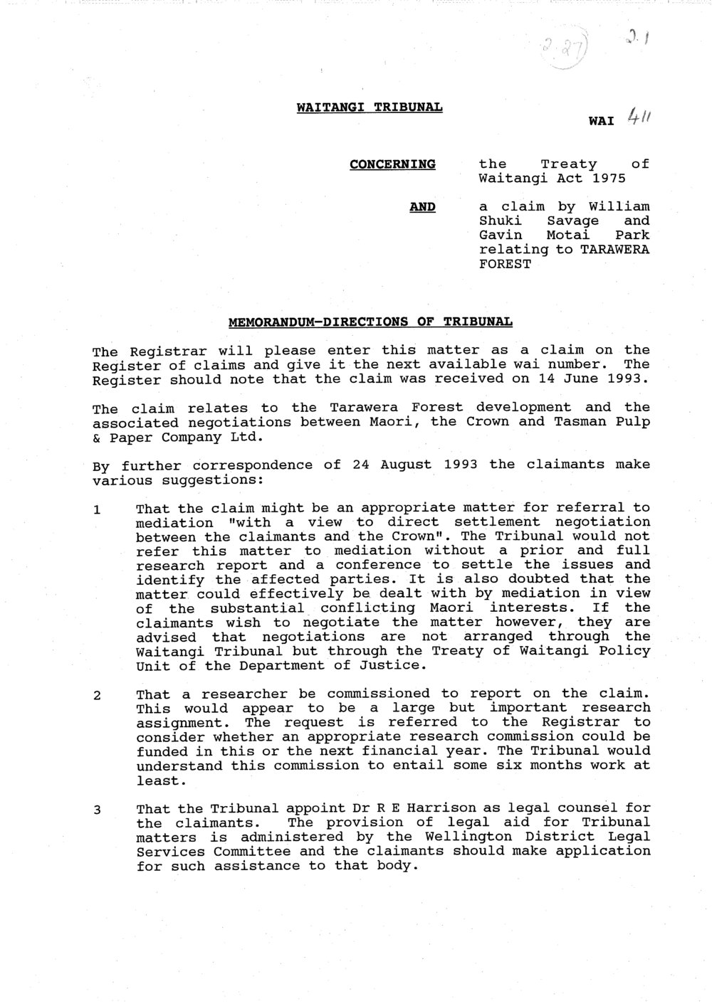 Wai 46_INQ_2.27_Memo - Directions of Tribunal 1994