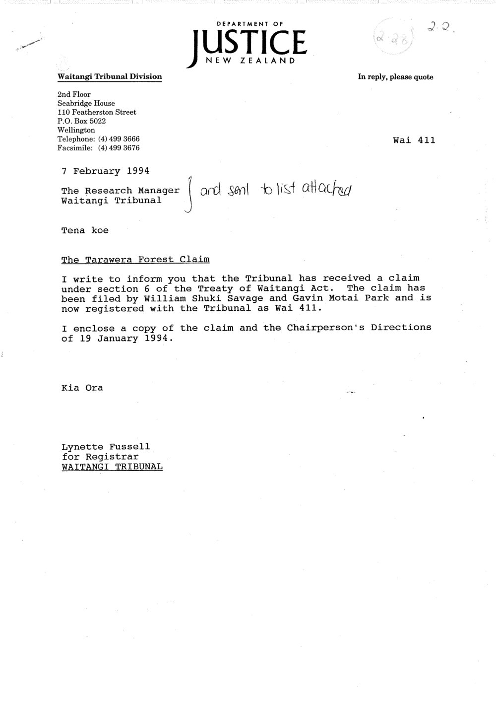 Wai 46_INQ_2.28_Letter - The Tarawera Forest Claim 7 Feb 1994