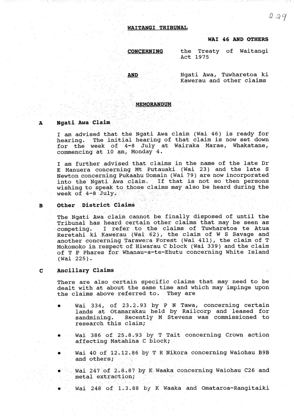 Wai 46_INQ_2.29_Memo RE Ngati Awa, Tuwharetoa ki Kawerau and other claims 31 May 1994