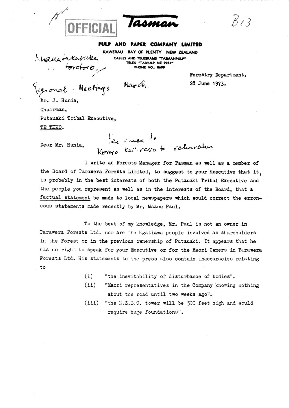 Wai 46_INQ_B013_Letter J Hunia - Tasman 28 June 1973