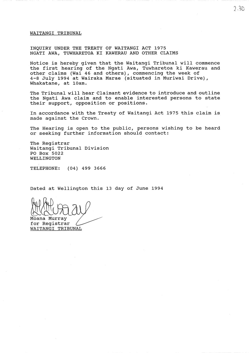 Wai 46_INQ_2.30_Inquirt under TOW Act 1975 RE Ngati Awa, Tuwharetoa and other claims 13 June 1994