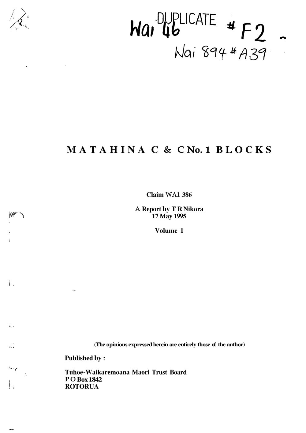 Wai 46_INQ_F002_REPORT V 1 RE Matahina C &amp; C N1 Blocks 17 May 1995