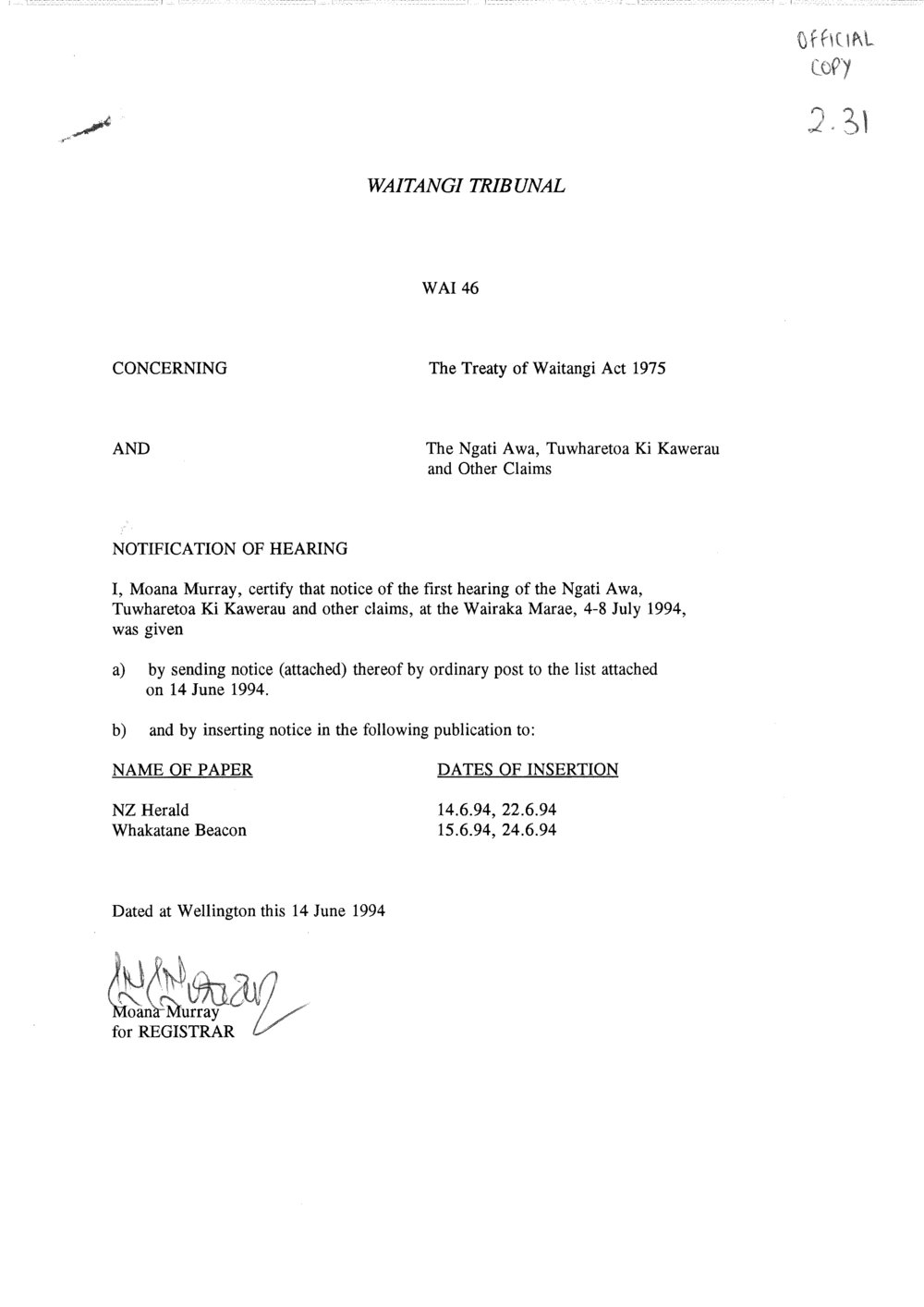 Wai 46_INQ_2.31_Notification of Hearing 14 June 1994