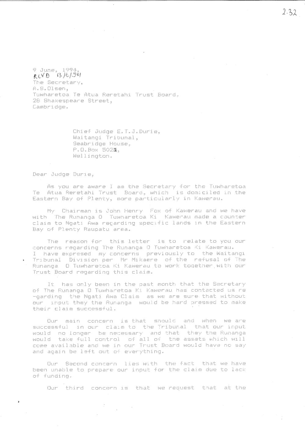 Wai 46_INQ_2.32_Letter to Judge Durie From Tuwharetoa ki Kawerau