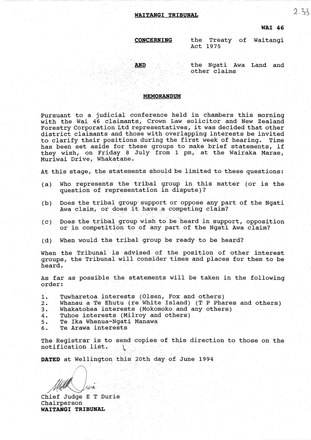 Wai 46_INQ_2.33_Memo RE Ngati Awa and other claims 20 June 1994